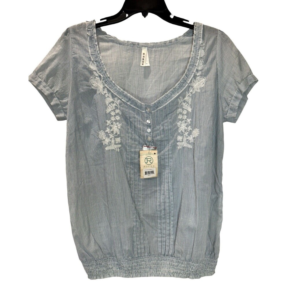 Roper Women’s Short Sleeve Striped Blouse Embroidered Floral Ruffled Neck Size S